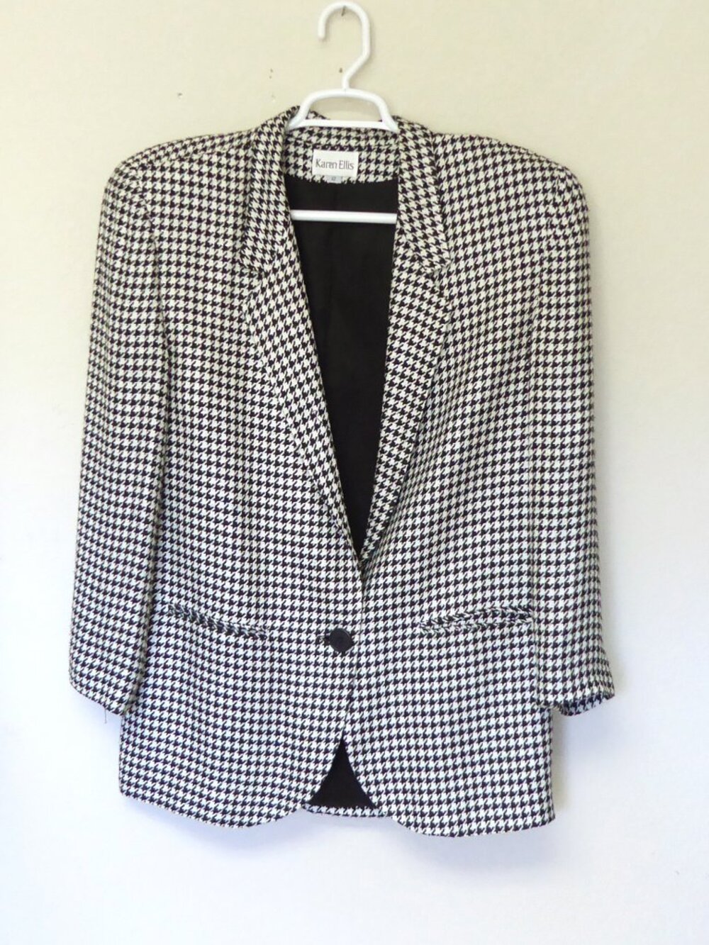 1980s Vintage Karen Ellis black white silver metallic houndstooth blazer size 12